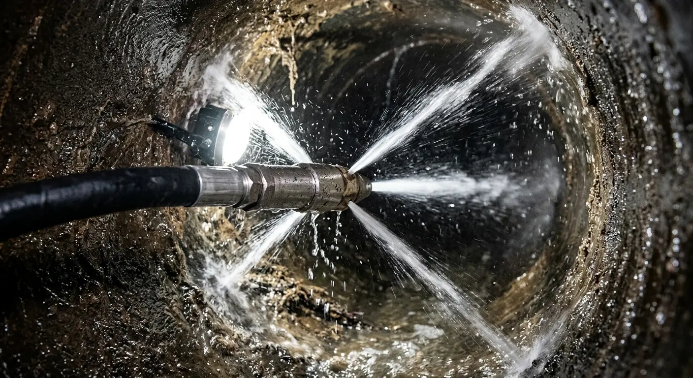 High-pressure hydro jetting nozzle cleaning sewer pipe for Trenchless Sewer Repair in Aspen Hill