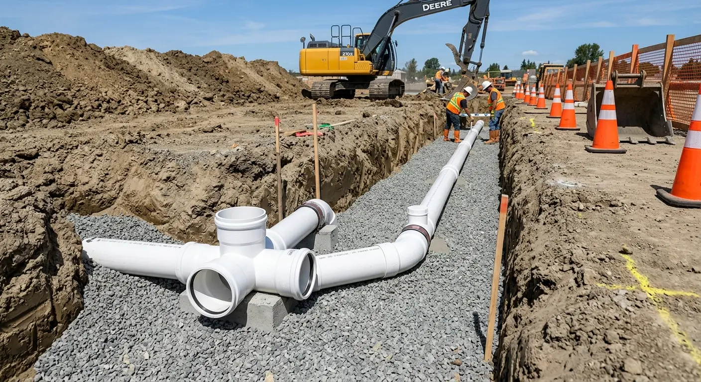 New PVC sewer pipe installation in open trench for Sewer Backup in Aspen Hill