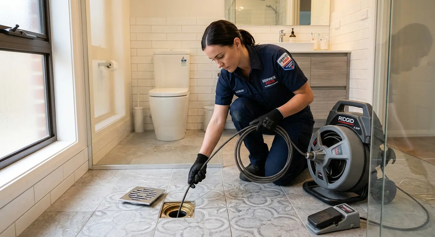 Technician clearing a bathroom floor drain for Drain Cleaning in Aspen Hill